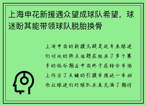 上海申花新援遇众望成球队希望，球迷盼其能带领球队脱胎换骨
